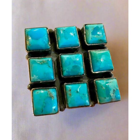 Kingman Blue Turquoise Square Cluster Ring | Sterling ~ Adjustable 5-10 - Picture 1 of 4